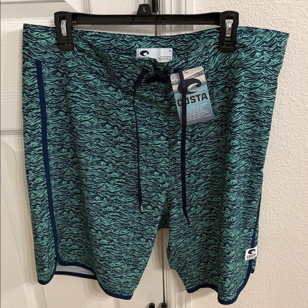 Costa Men's Teal Wave-Pattern Swim Board Shorts